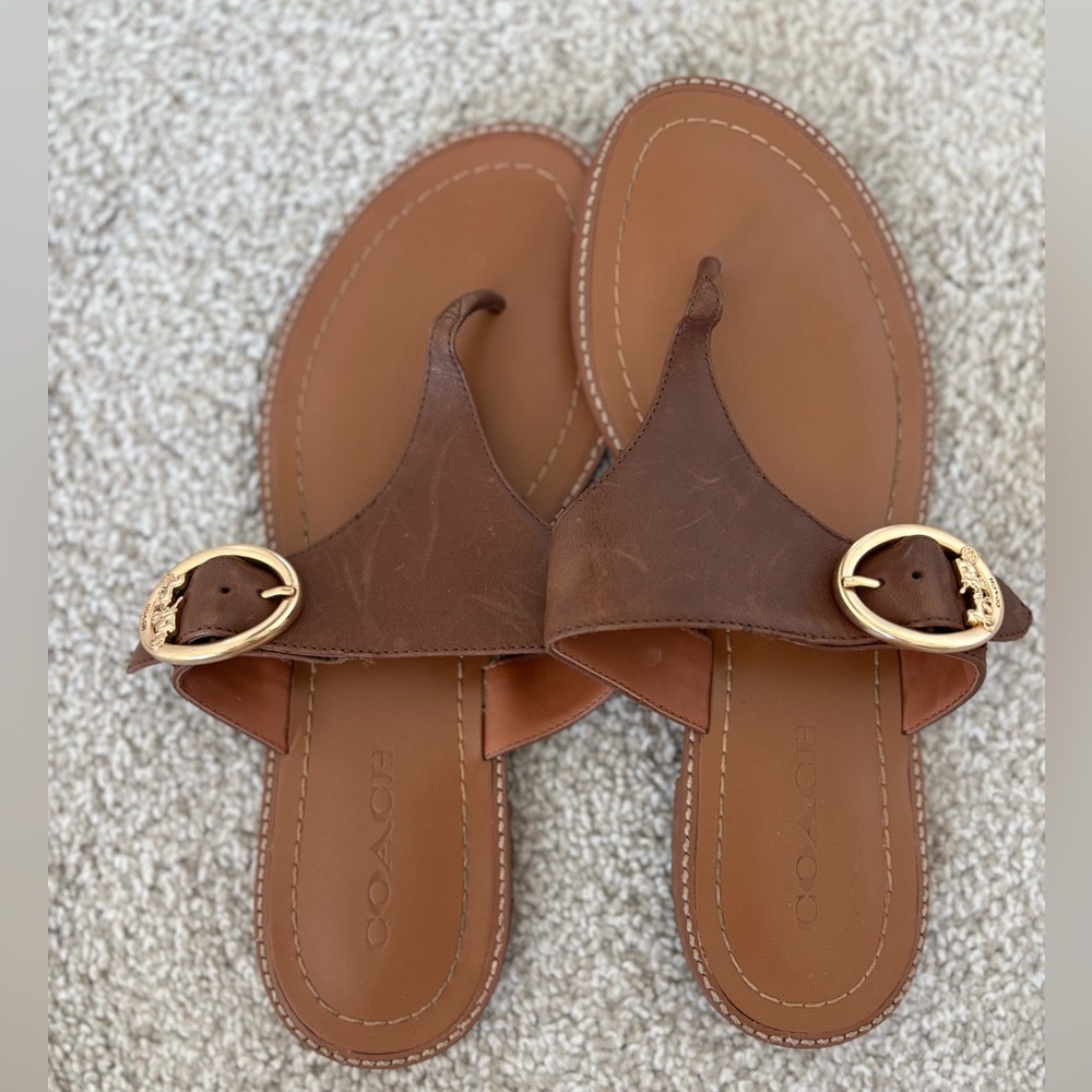 COACH Brown Leather Sandals with Gold Accent
